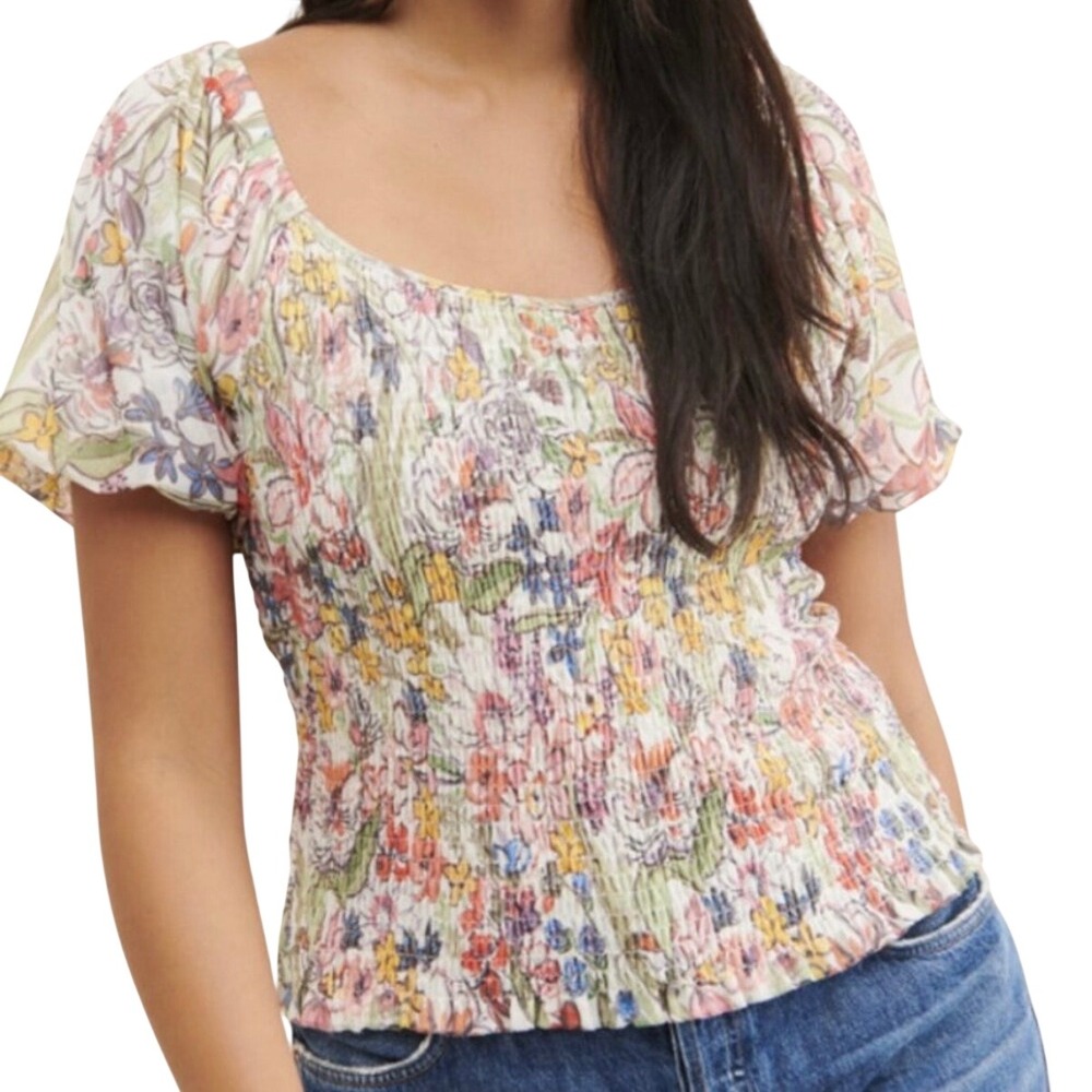 By Anthropologie Aurelia Floral Smocked Mesh Puff Sleeve Top Multi-Color Small